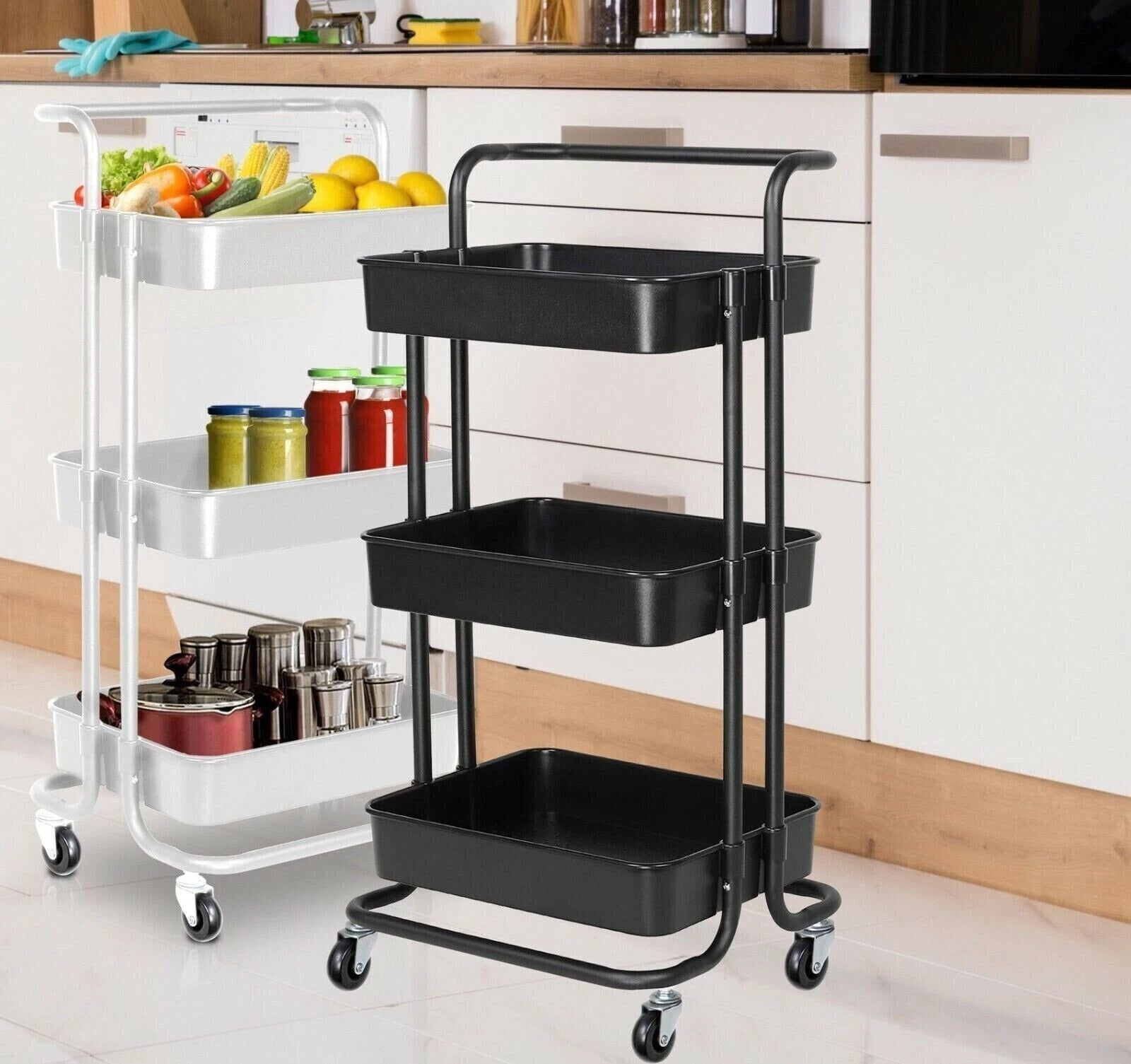 Rolling Kitchen Trolley Cart with 3 Storage Shelves