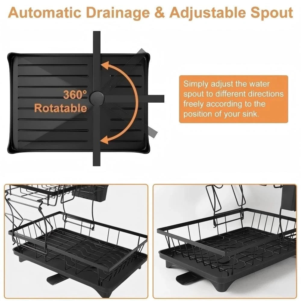 2 Tier Dish Drainer Rack with Cutlery Holder, Cup Rack & Board Holder