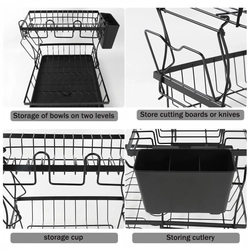 2 Tier Dish Drainer Rack with Cutlery Holder, Cup Rack & Board Holder