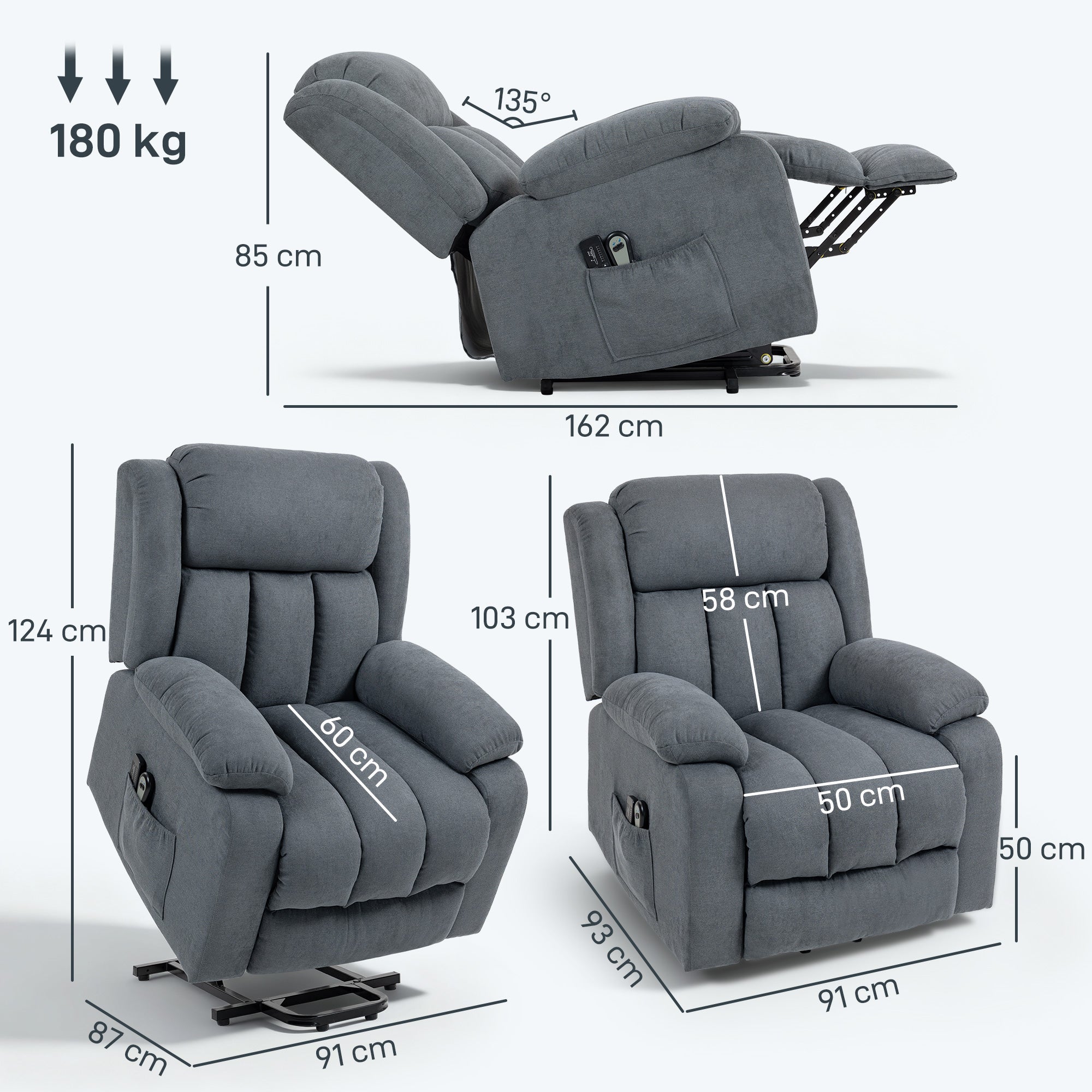 HOMCOM Power Lift Recliner Chair with Vibration Massage, Lift Chair for Elderly with Footrest, Remote, Side Pocket, Grey