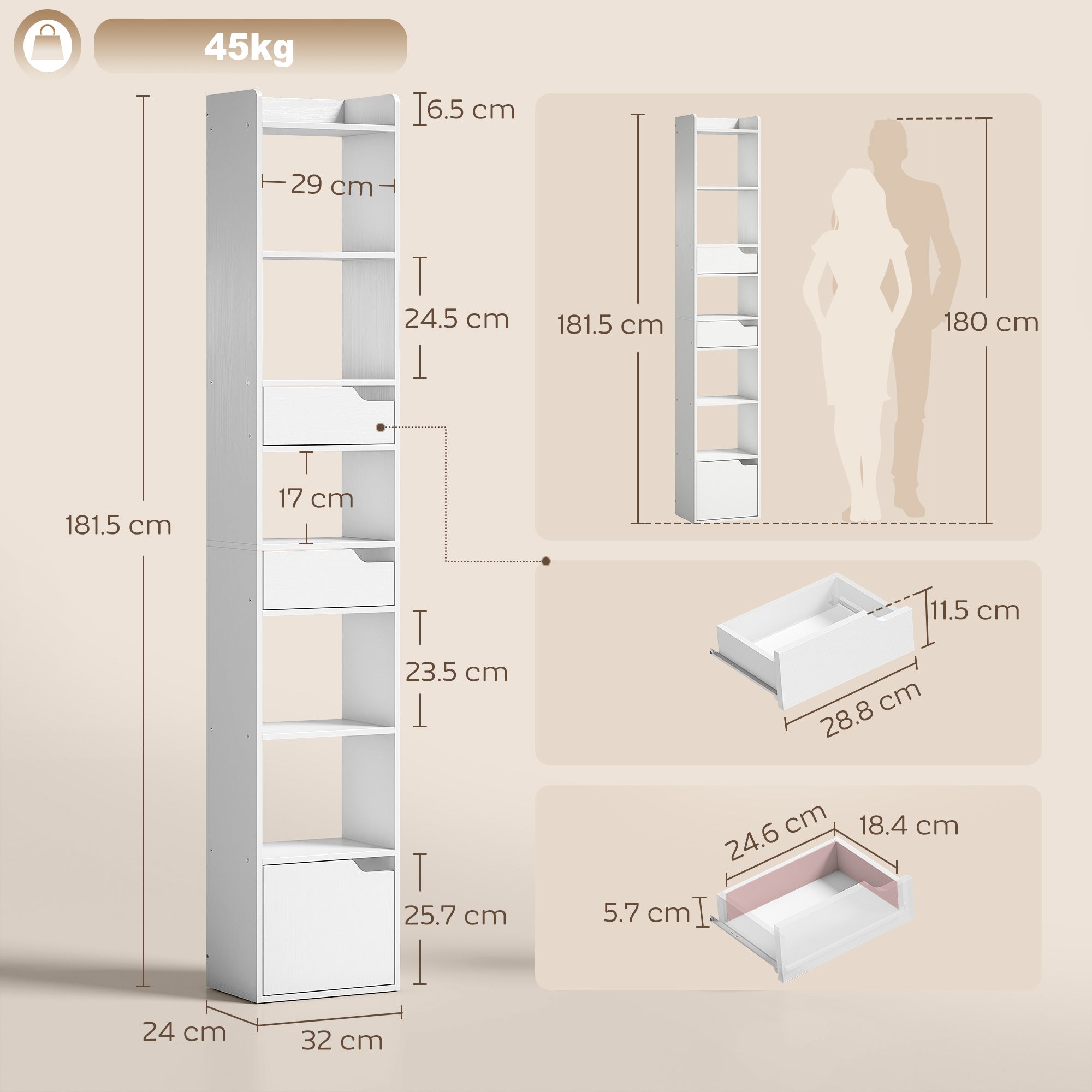Bookcase Tall Narrow with 5 Tiers and Drawers Freestanding Bookshelf Storage Cabinet for Living Room White Wood Effect