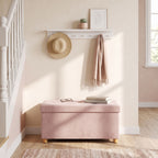 Velvet Upholstered Foldable Ottoman Footrest, Storage Ottoman Bench with Wood Legs for Living Room, Pink