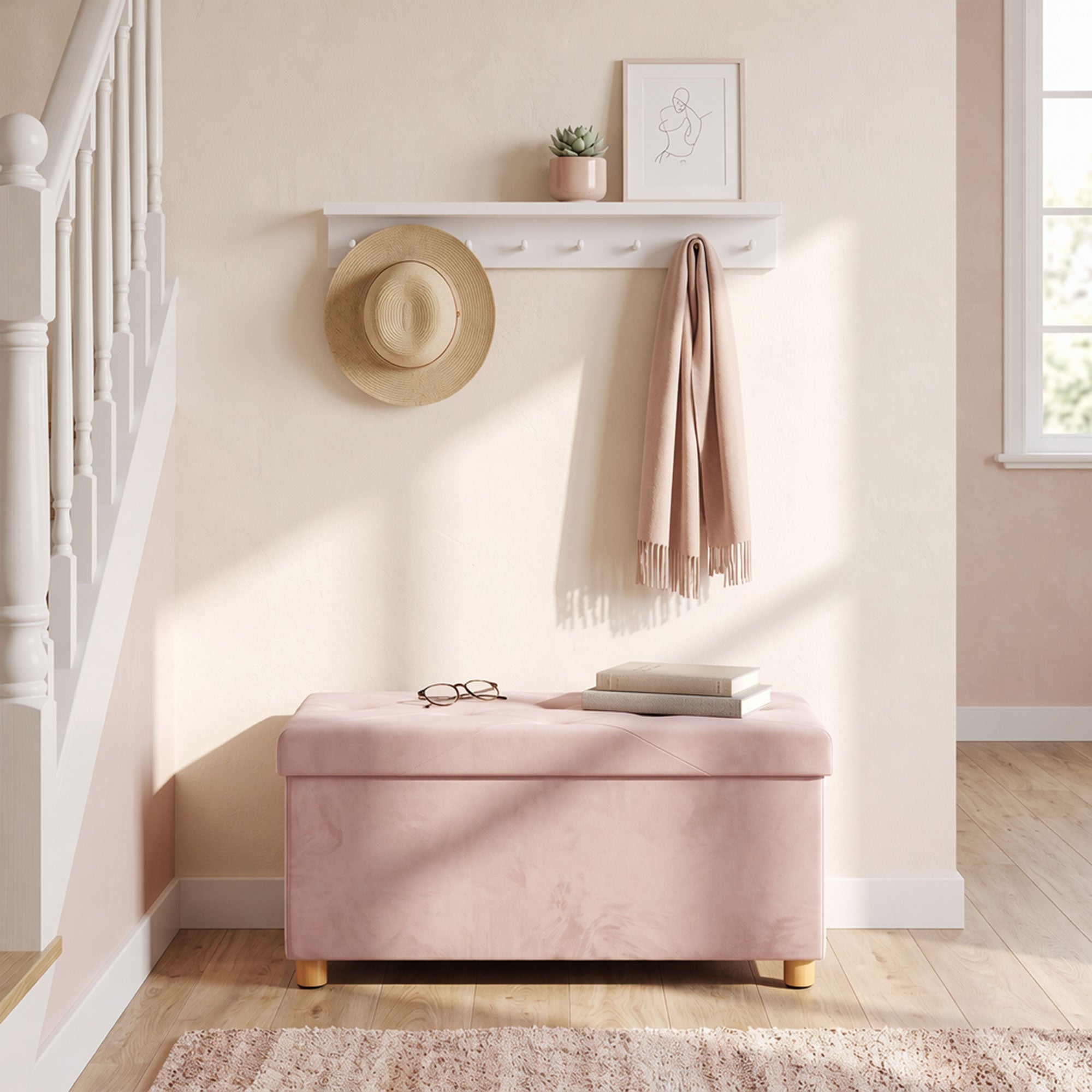 Velvet Upholstered Foldable Ottoman Footrest, Storage Ottoman Bench with Wood Legs for Living Room, Pink
