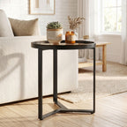 Round Side Table with Tempered Glass Top and Geometric Metal Frame for Small Space, Black