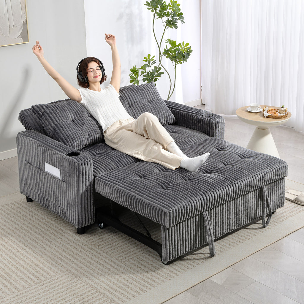 2 Seater Click Clack Sofa Bed with Pull Out Design, Corduroy Upholstery - Charcoal Grey