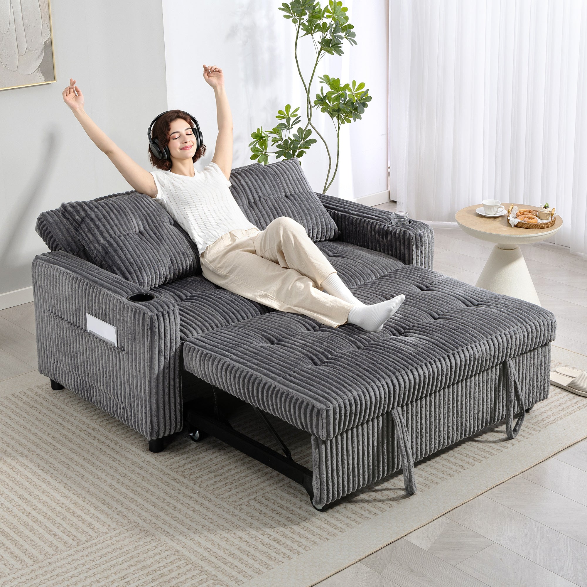2 Seater Click Clack Sofa Bed with Pull Out Design, Corduroy Upholstery - Charcoal Grey