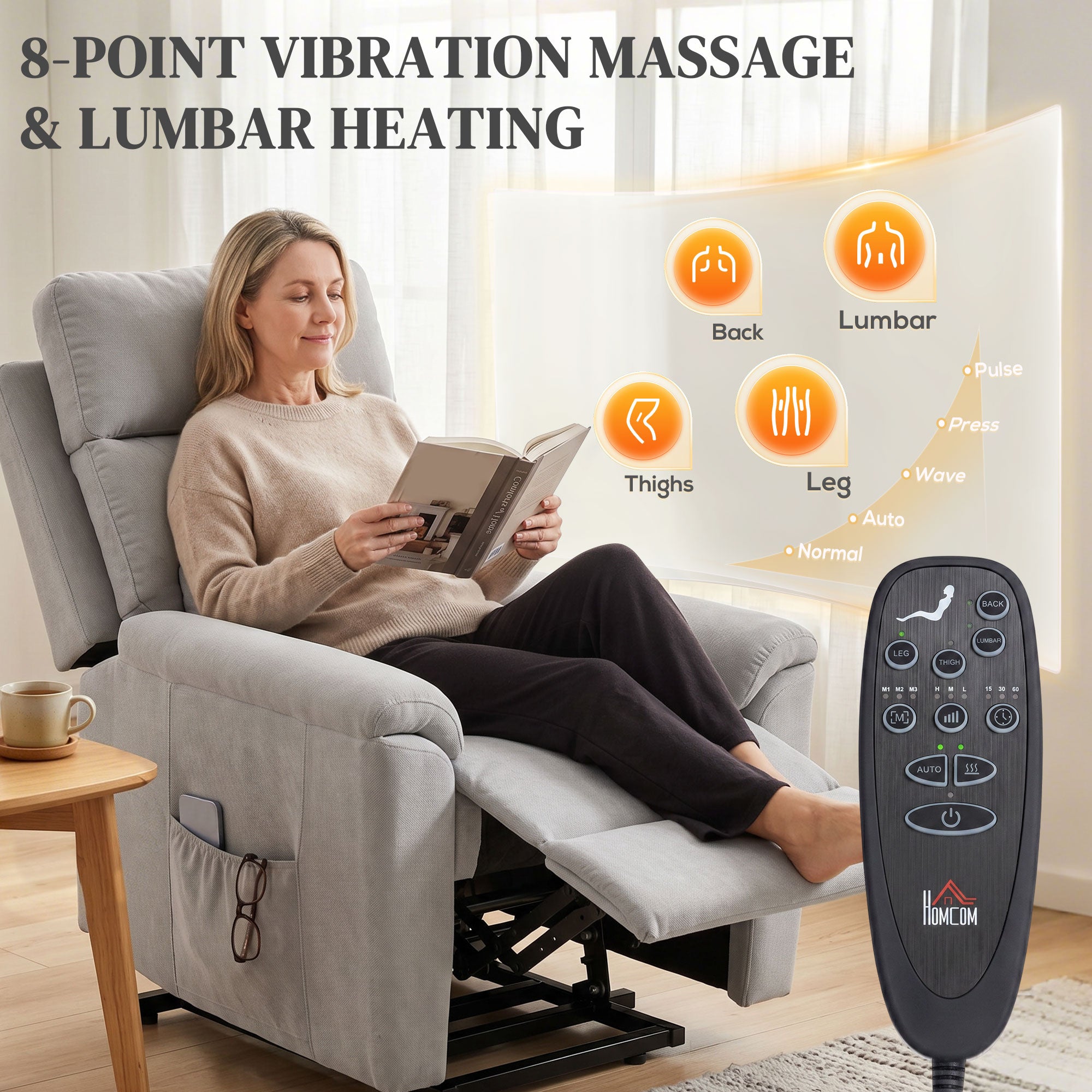 Power lift recliner chair with Massage and Heat, Terry Cloth Electric Lift Chair with Spring Cushion, Light Grey