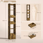 Bookcase Tall Narrow with 5 Tiers and Drawers Freestanding Bookshelf Storage Cabinet for Living Room Rustic Brown