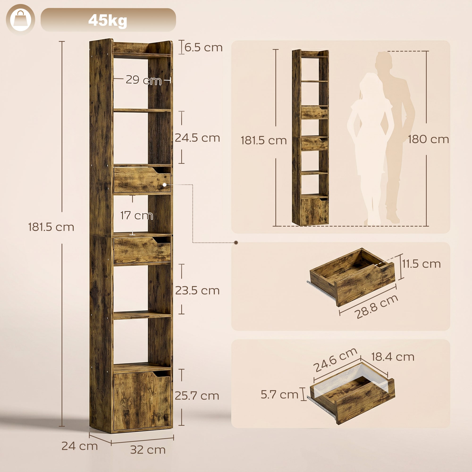 Bookcase Tall Narrow with 5 Tiers and Drawers Freestanding Bookshelf Storage Cabinet for Living Room Rustic Brown