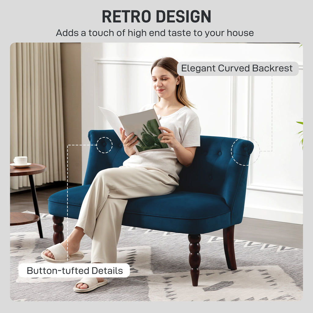 Velvet 2 Seater Sofa, Button Tufted Wingback Loveseat with Rubber Wood Legs for Living Room, Bedroom, Dark Blue