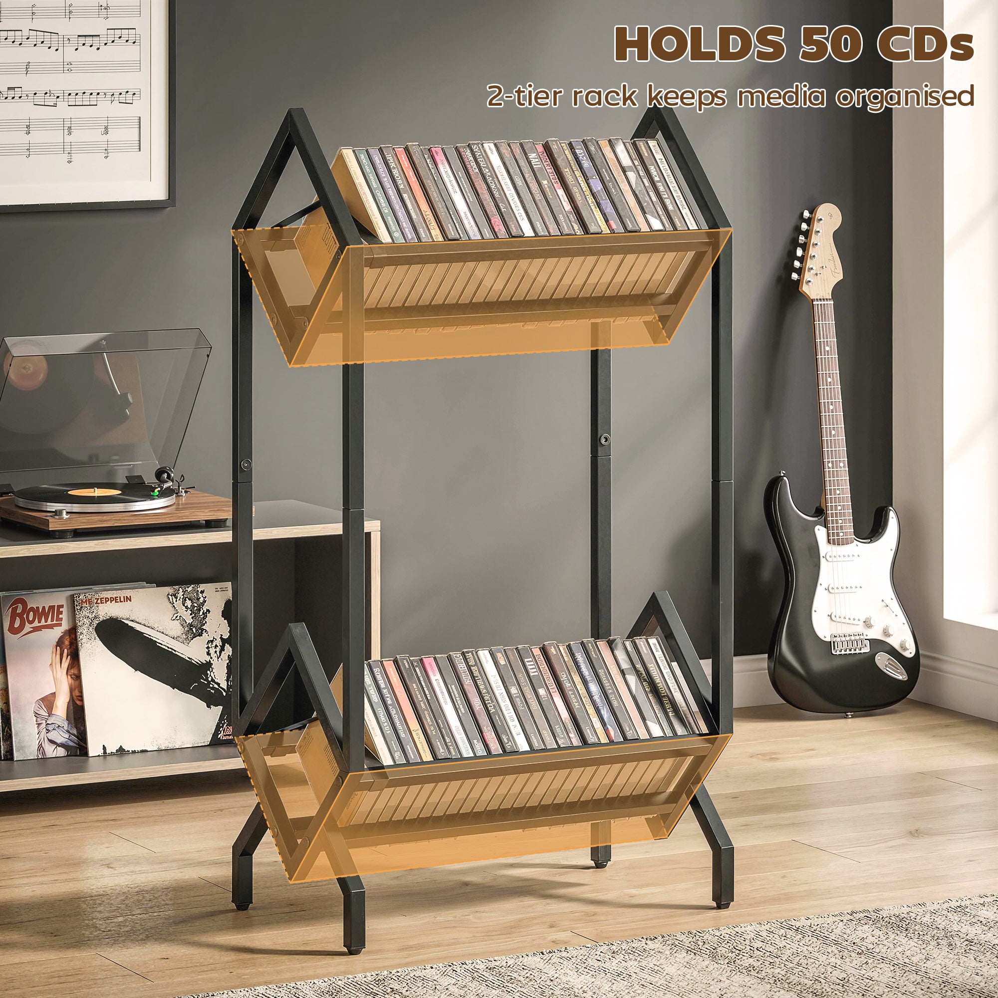 50 CD Storage Rack, 2-Tier Metal CD Storage Unit, Free Standing, Easy to Assemble, Black