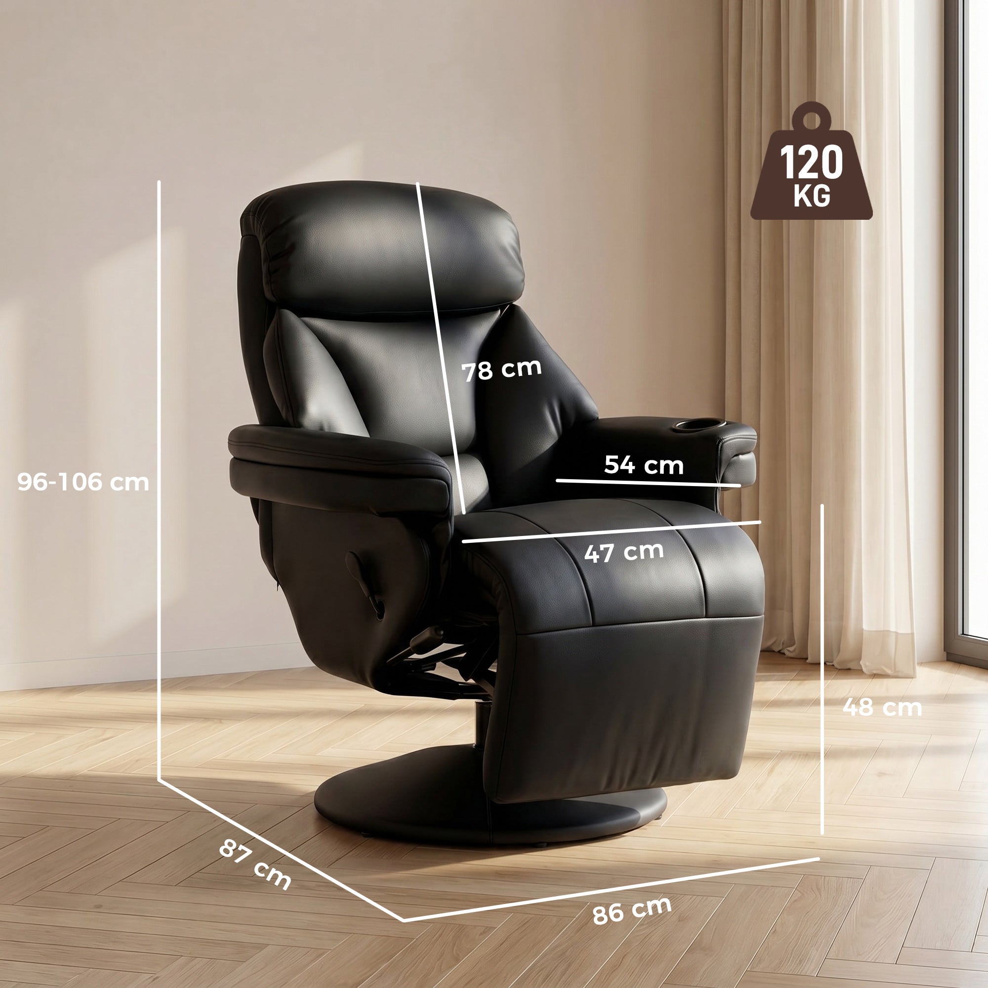 Upholstered Reclining Armchair, Manual Recliner Chair with Footrest and Adjustable Backrest, Black