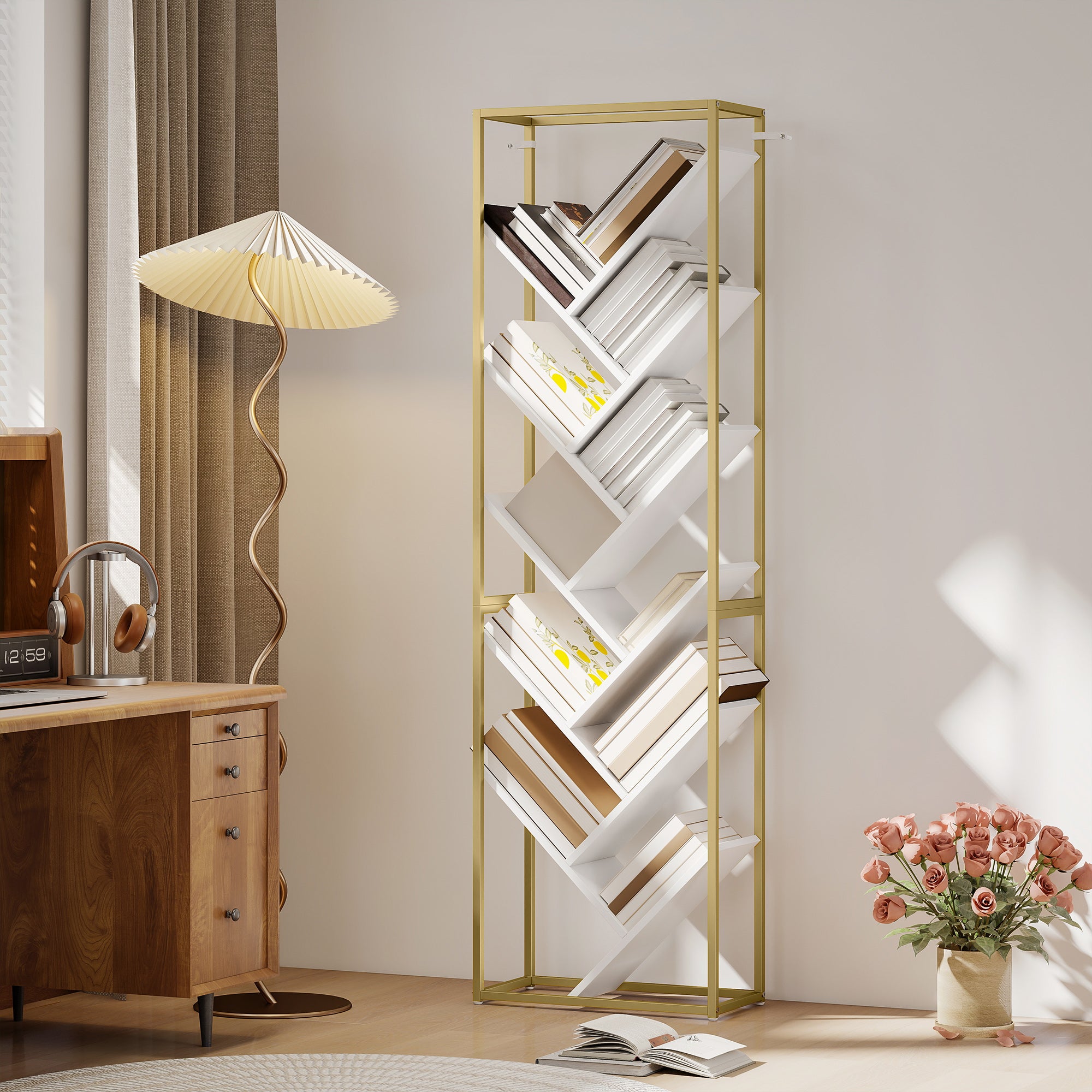 10 Shelf Modern-Style Bookshelf - Gold Tone/White