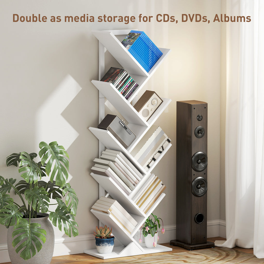 9-Tier Tree Bookshelf, Industrial Free Standing Bookcase with Steel Frame, Display Storage White