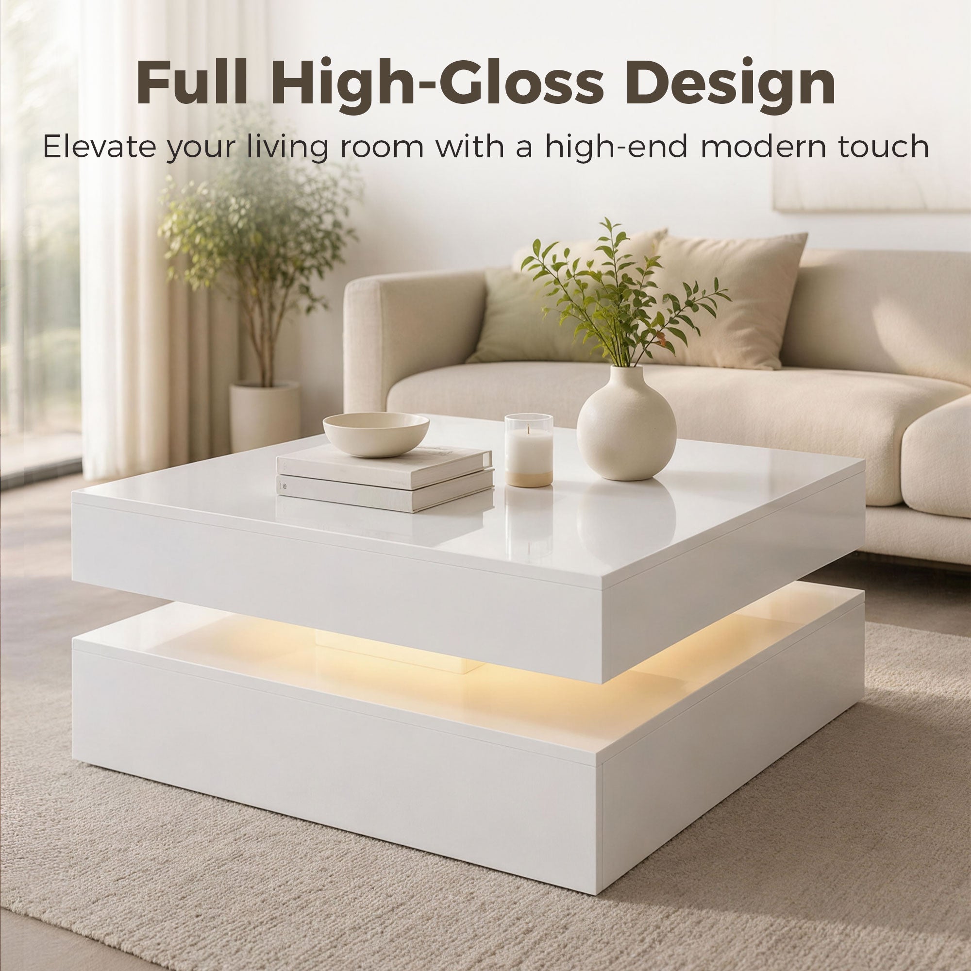 LED Coffee Table with Storage, 2-Tier Modern Centre Table with Open Shelf and Remote for Living Room, High Gloss White
