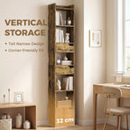 Bookcase Tall Narrow with 5 Tiers and Drawers Freestanding Bookshelf Storage Cabinet for Living Room Rustic Brown