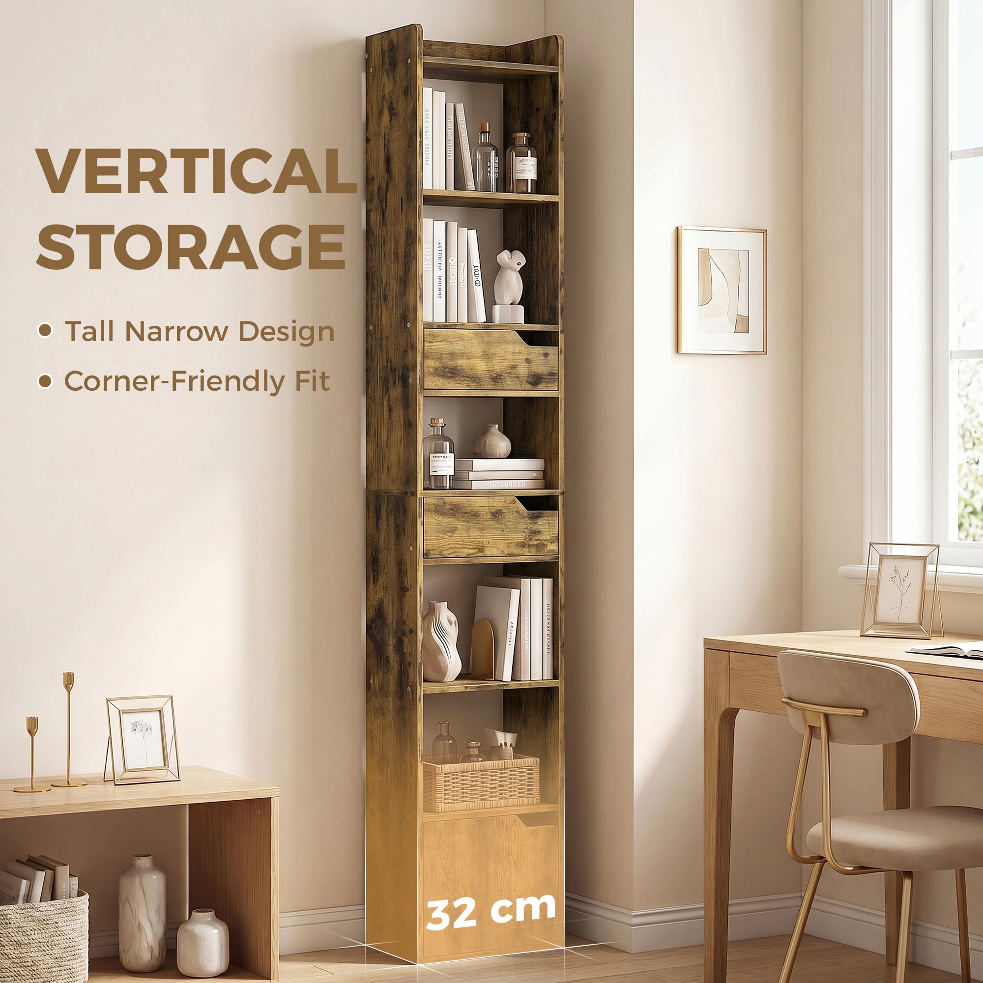 Bookcase Tall Narrow with 5 Tiers and Drawers Freestanding Bookshelf Storage Cabinet for Living Room Rustic Brown
