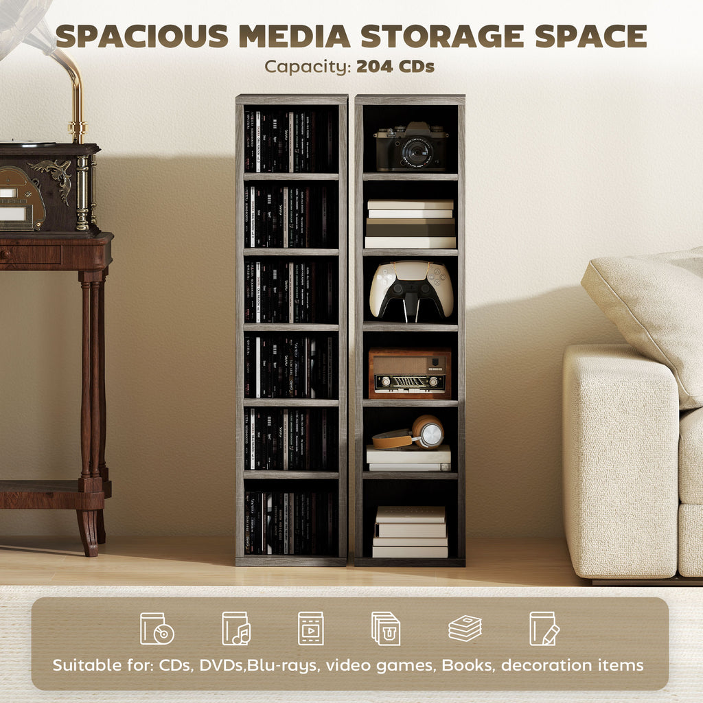 Set of 2 CD Media Display Shelf Unit Tower Rack with Adjustable Shelves, Distressed Grey