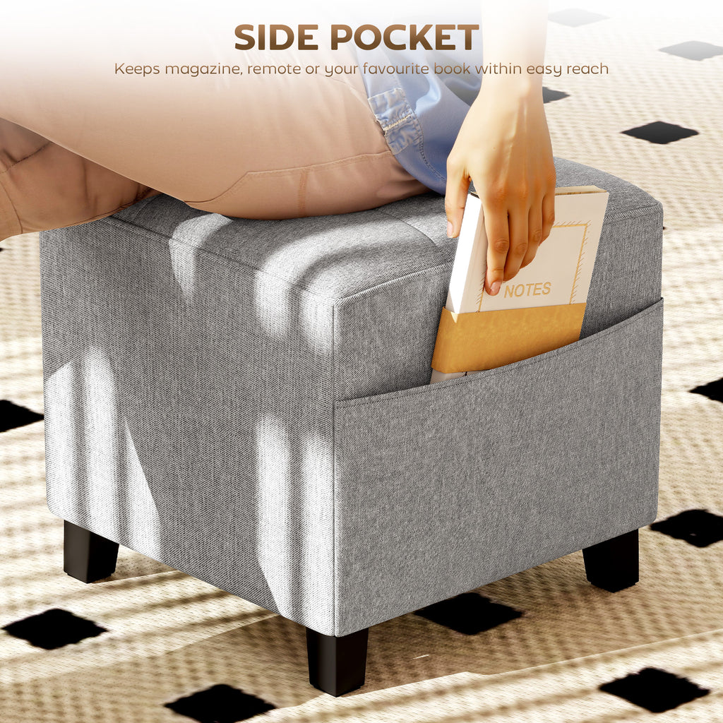 Square Footstool, Small Ottoman with Side Pocket, Linen Fabric Footrest Foot Stool with Rubber Wood Legs and Padded Seat for Living Room, Bedroom, Entryway, 35 x 35 x 35cm, Light Grey