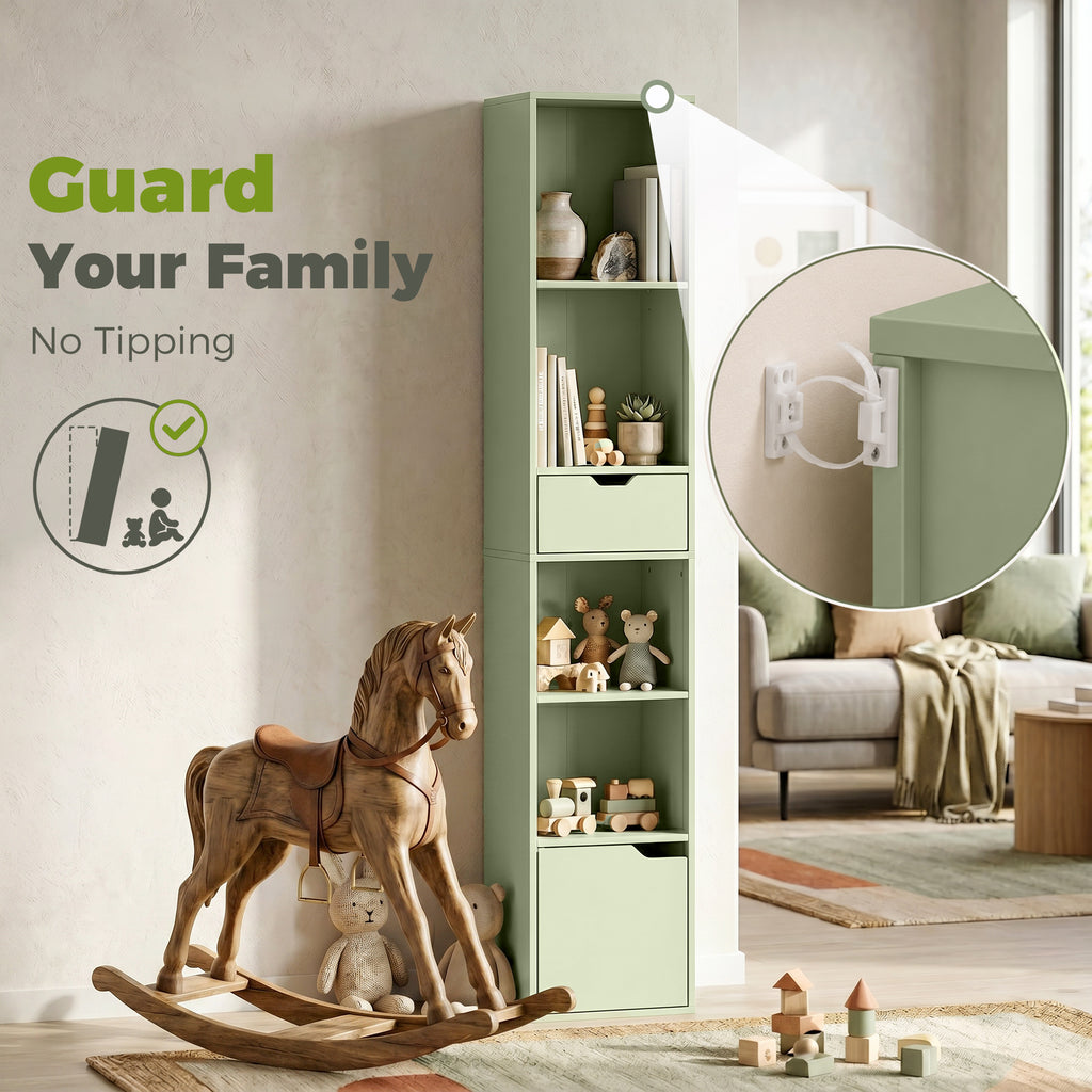 6-Tier Bookcase, Tall Narrow Bookshelf with Drawer and Door - Green