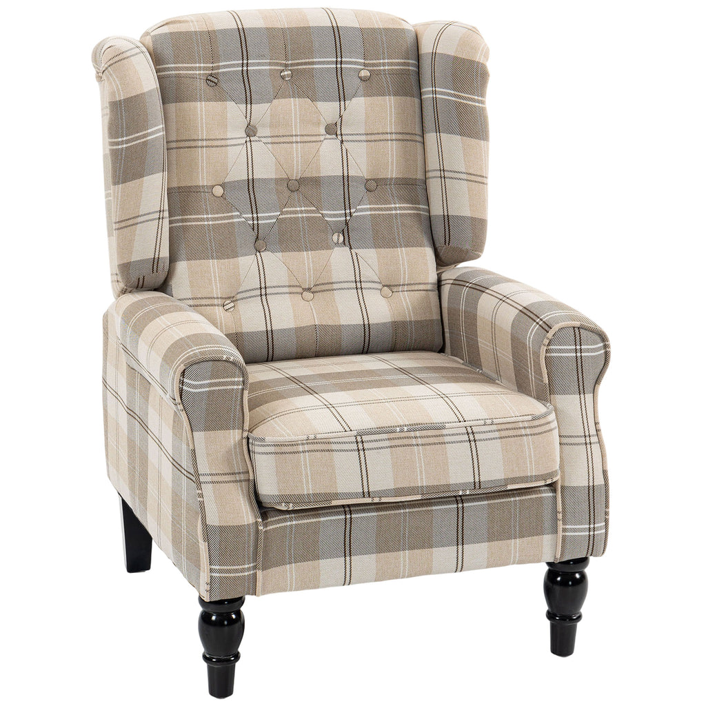 Wingback Accent Chair, Linen-Look Fabric Armchair with Thick Spring Cushion, High Back, Khaki Plaid