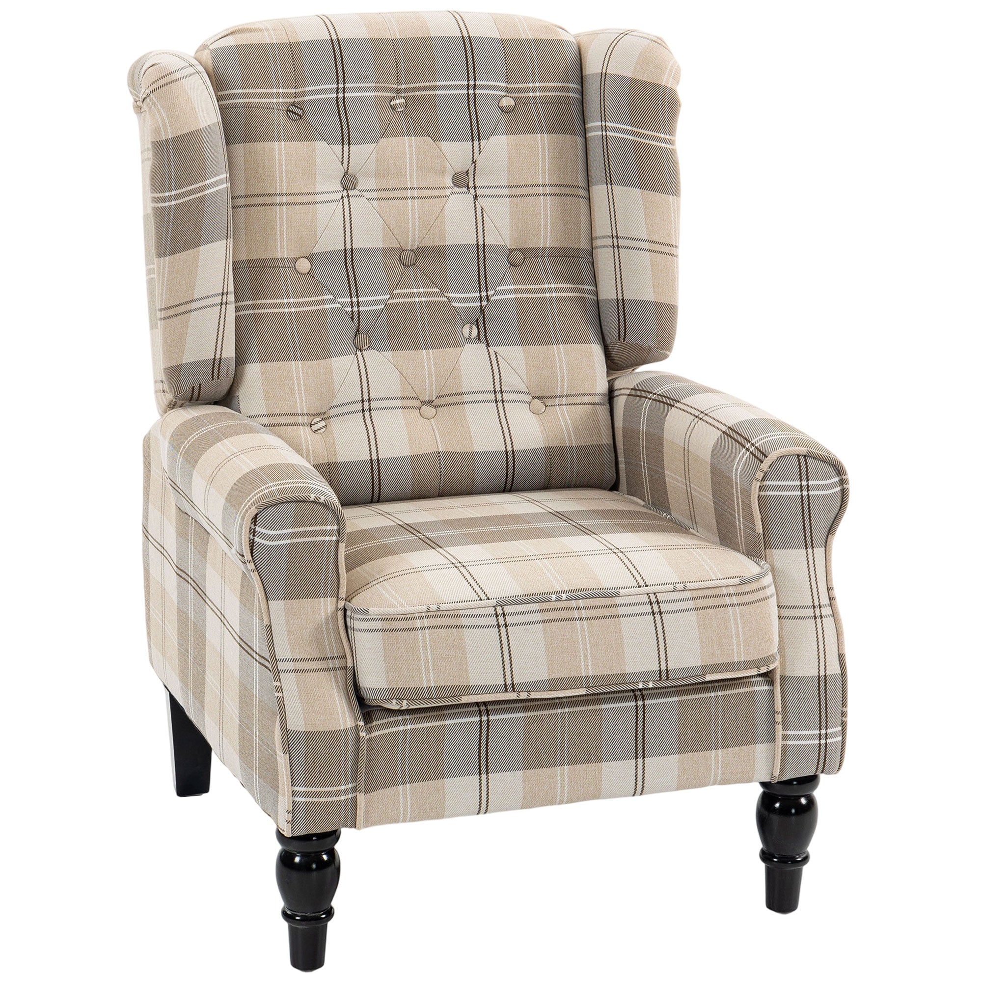 Wingback Accent Chair, Linen-Look Fabric Armchair with Thick Spring Cushion, High Back, Khaki Plaid