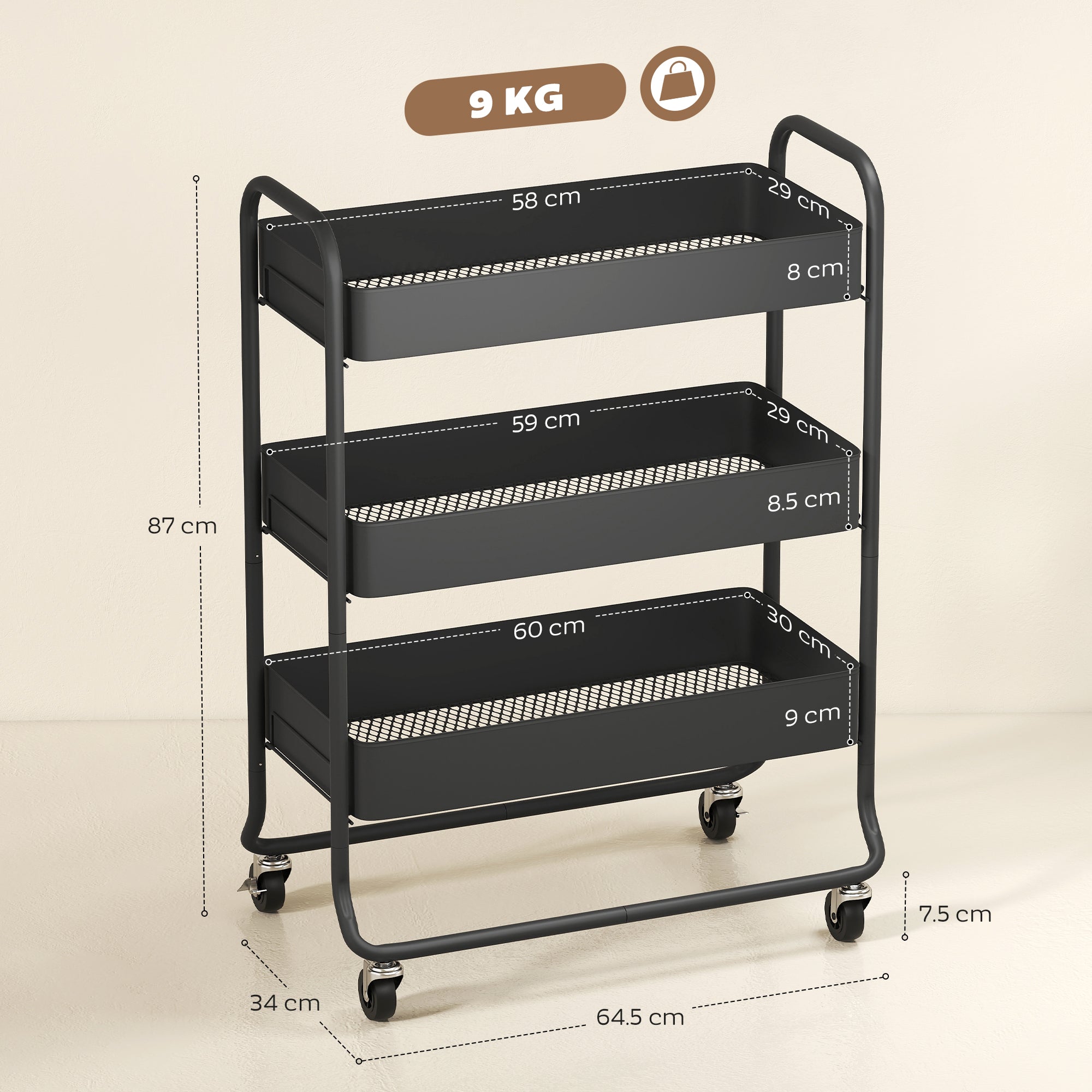 HOMCOM 3-Tier Storage Trolley on Wheels with Mesh Baskets - Black