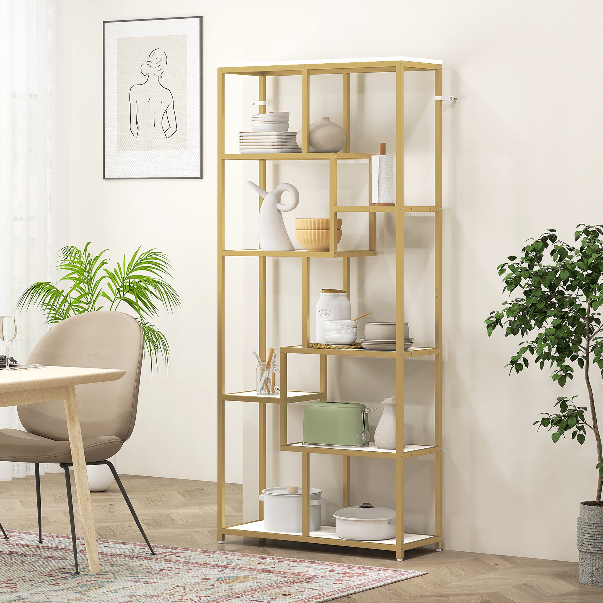 Seven-Tier Geometric Bookcase - White/Gold Tone