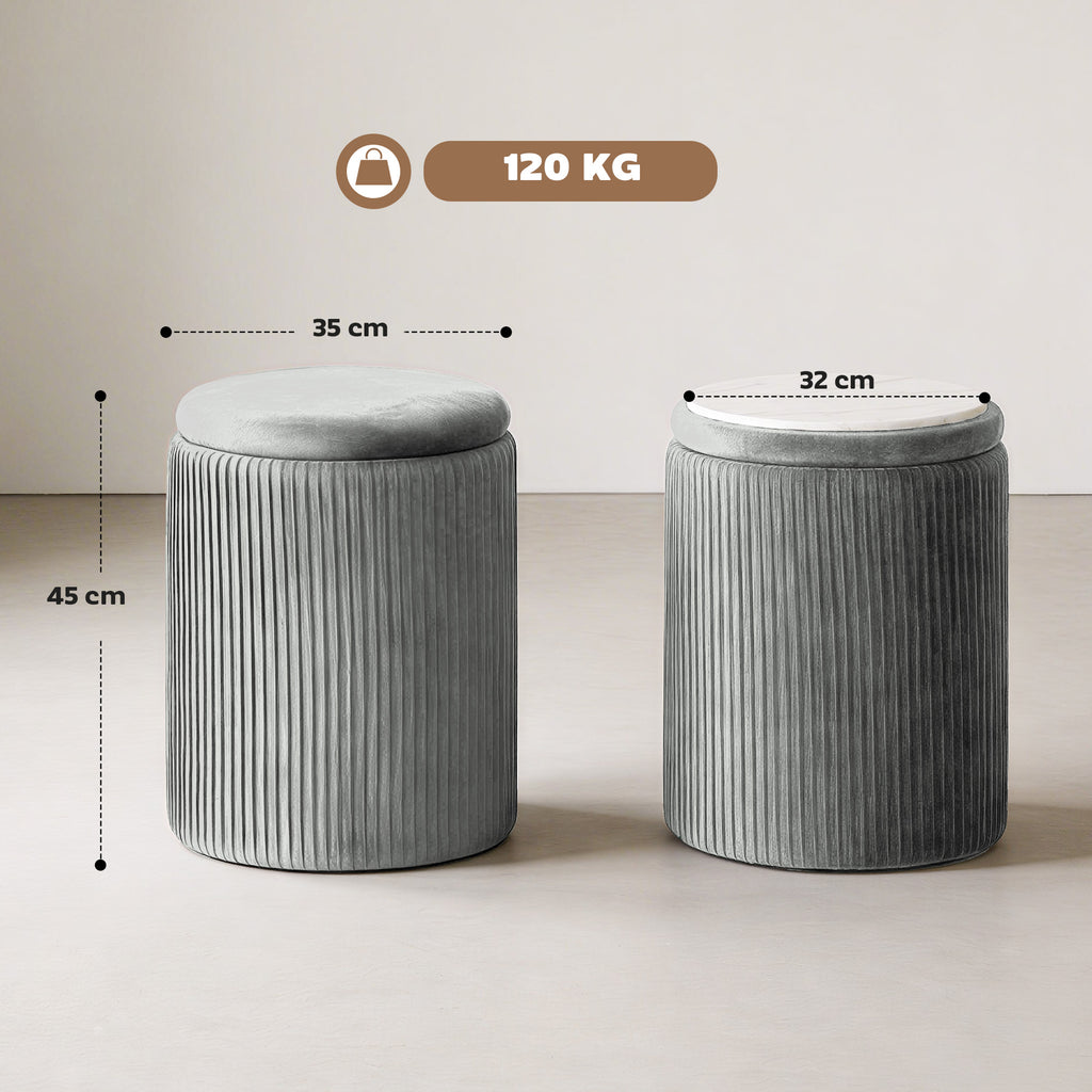 Storage Ottoman Modern Velvet Round Foot Stool for Living Room Bedroom 45 cm Grey