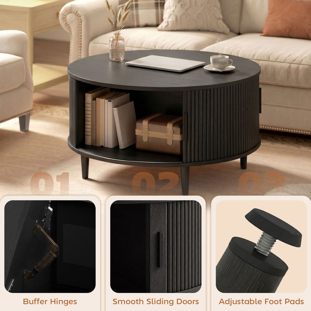 Coffee Table with Lift Top and Hidden Storage, Round Centre Table with Fluted Sliding Door, 80 cm, Black Wood Effect