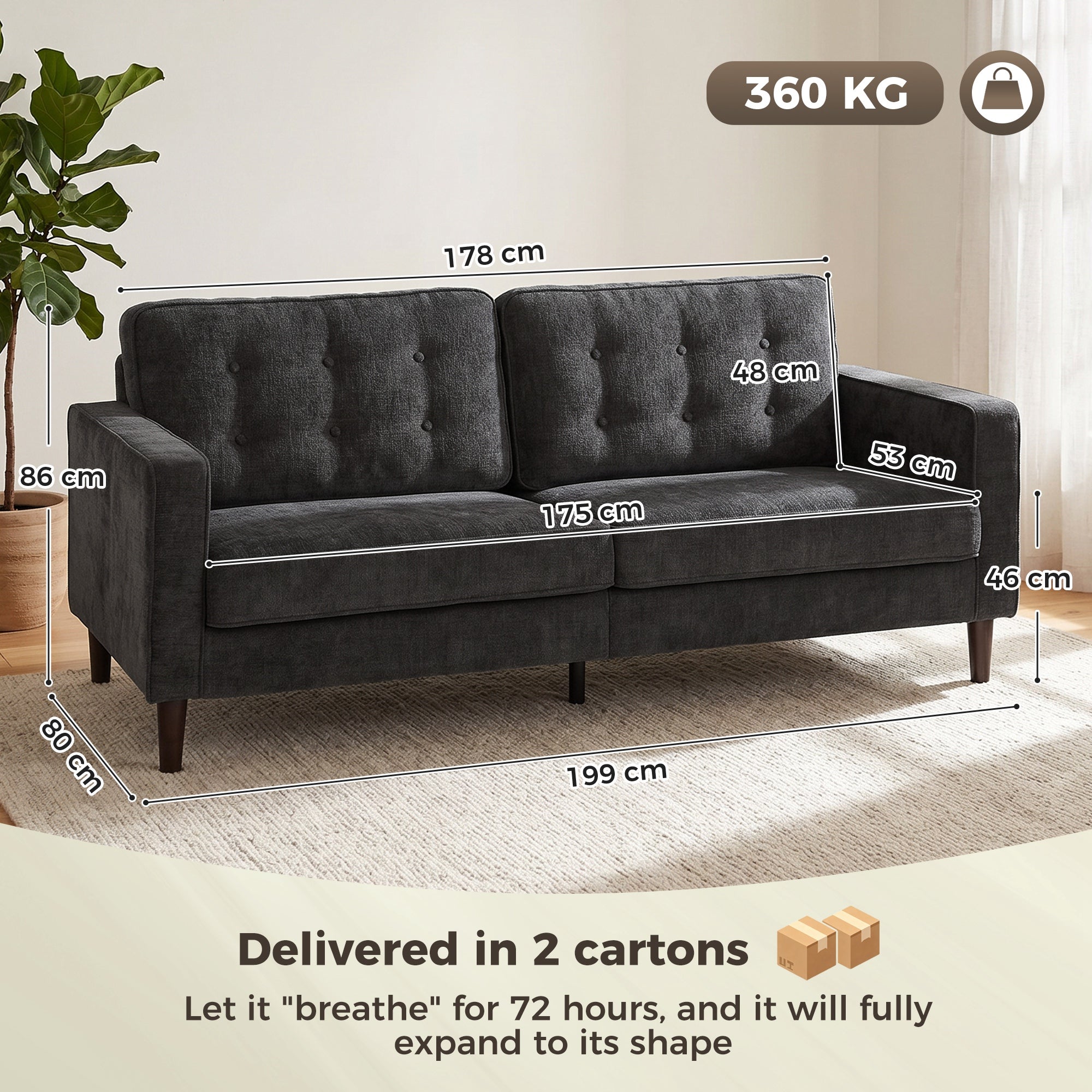 3 Seater Sofa Button Tufted Upholstered Couch with Wood Legs for Living Room, Dark Grey