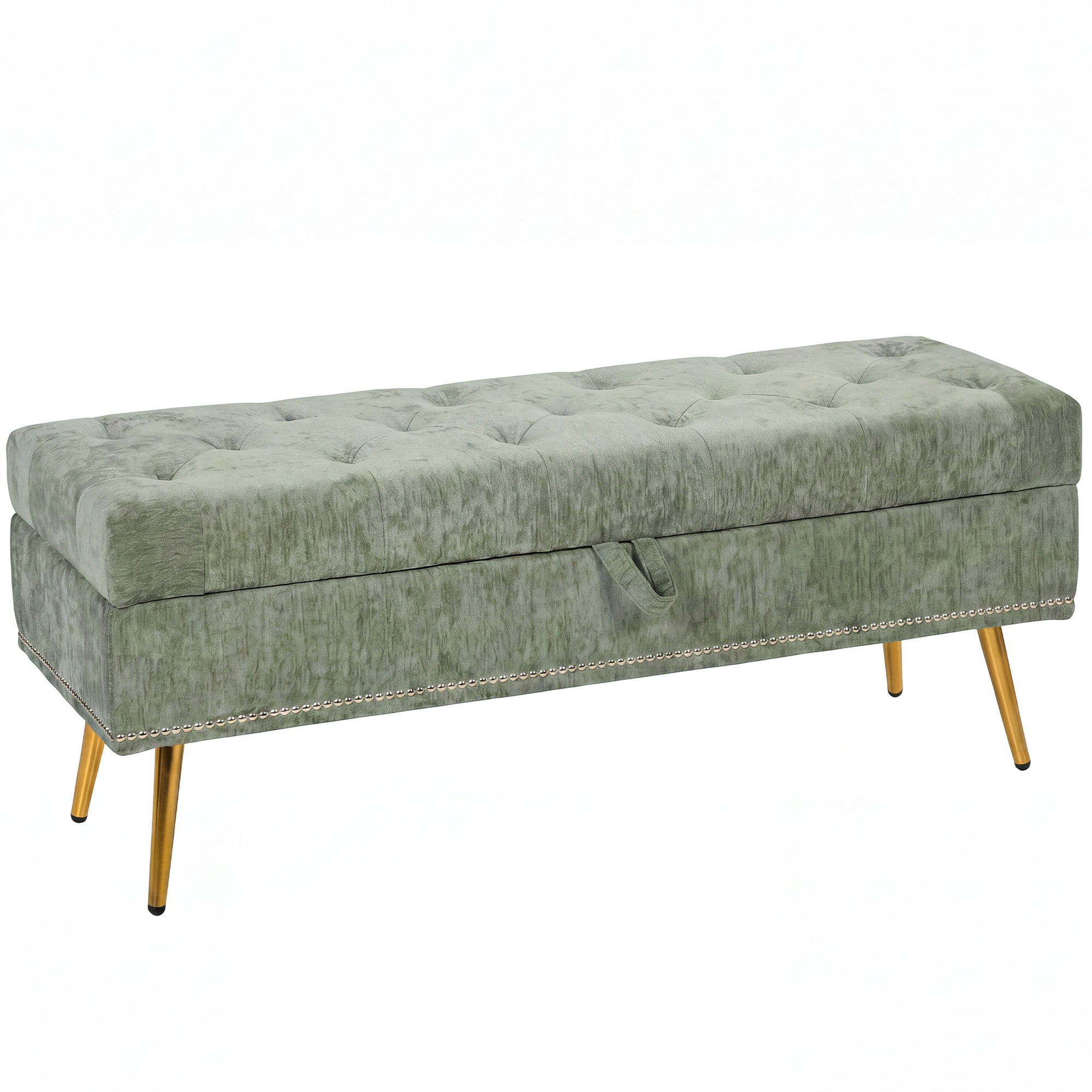 Storage Ottoman, Chenille Upholstered Ottoman Storage Box with Padded Seat, Metal Legs, 114 x 41 x 45 cm, Light Green