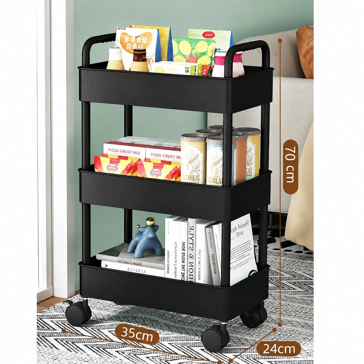 3-Tier Rolling Storage Trolley Cart for Kitchen, Bathroom, Laundry & Narrow Spaces