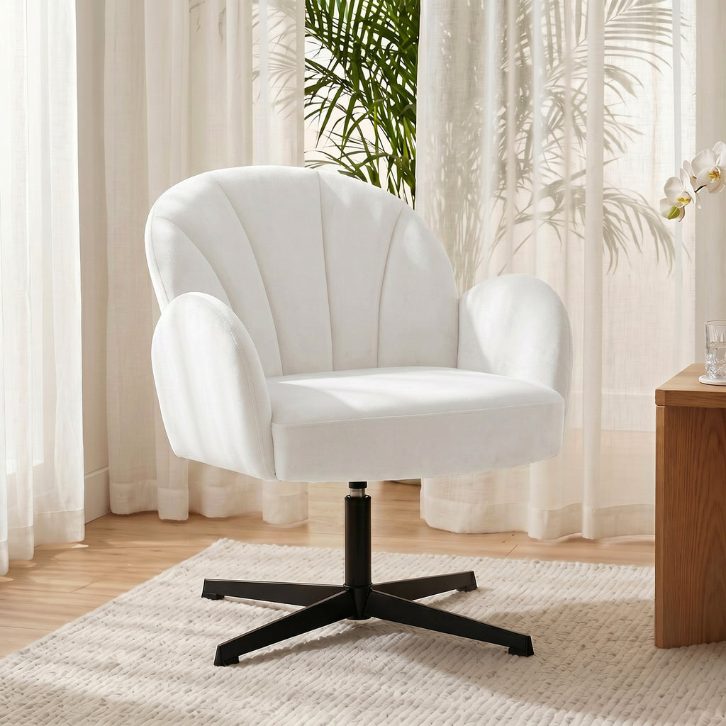 Swivel Accent Chair, Shell-Shaped Armchair with Spring Cushion, Metal Base, Cream White