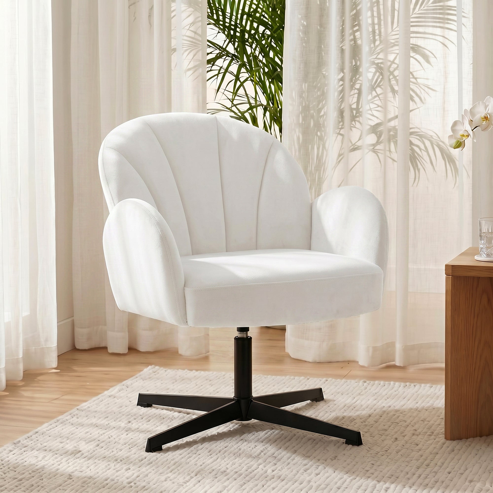Swivel Accent Chair, Shell-Shaped Armchair with Spring Cushion, Metal Base, Cream White
