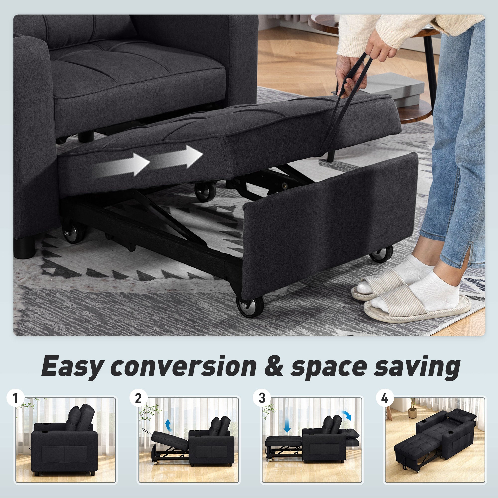 3-in-1 Single Sofa Bed, Convertible Sleeper Chair Bed - Black