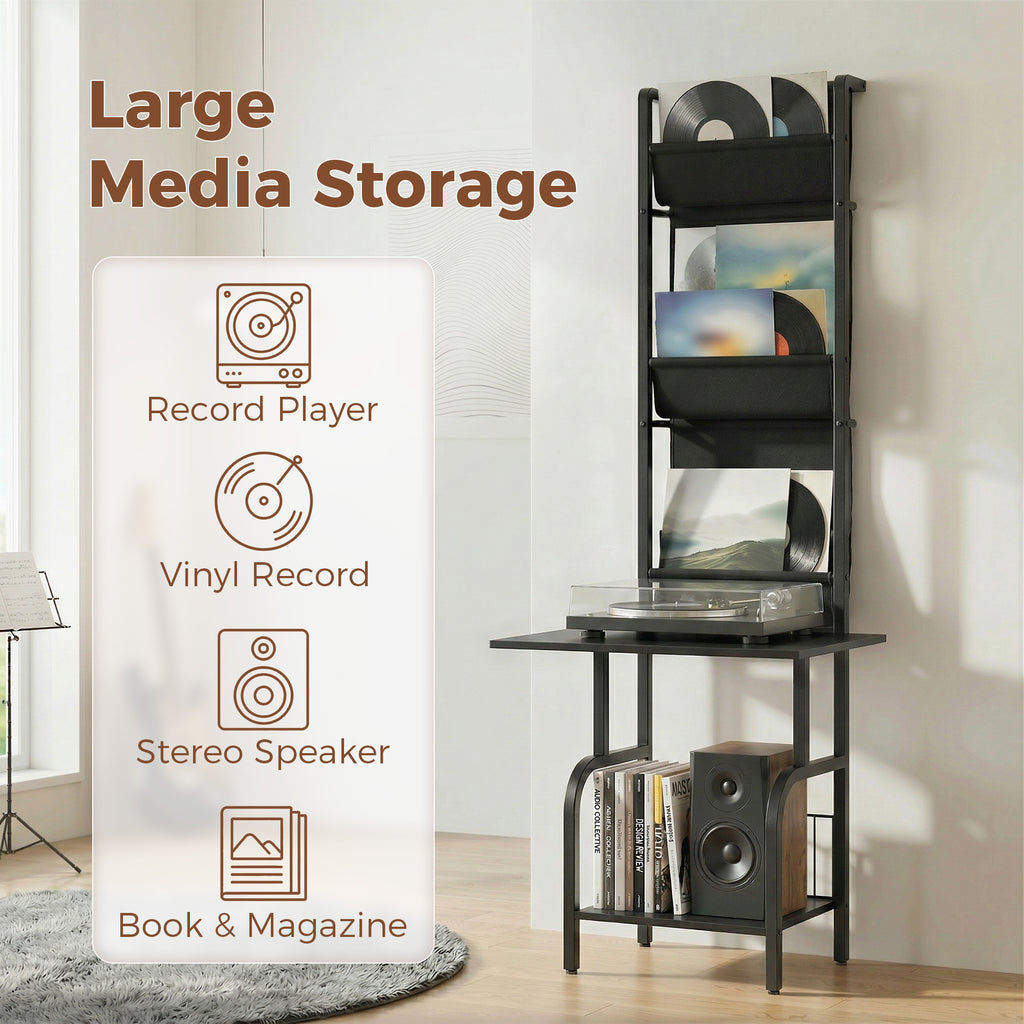 Vinyl Record Player Stand Record Storage with Player Stand Oxford Fabric Pockets Bottom Shelf, Black