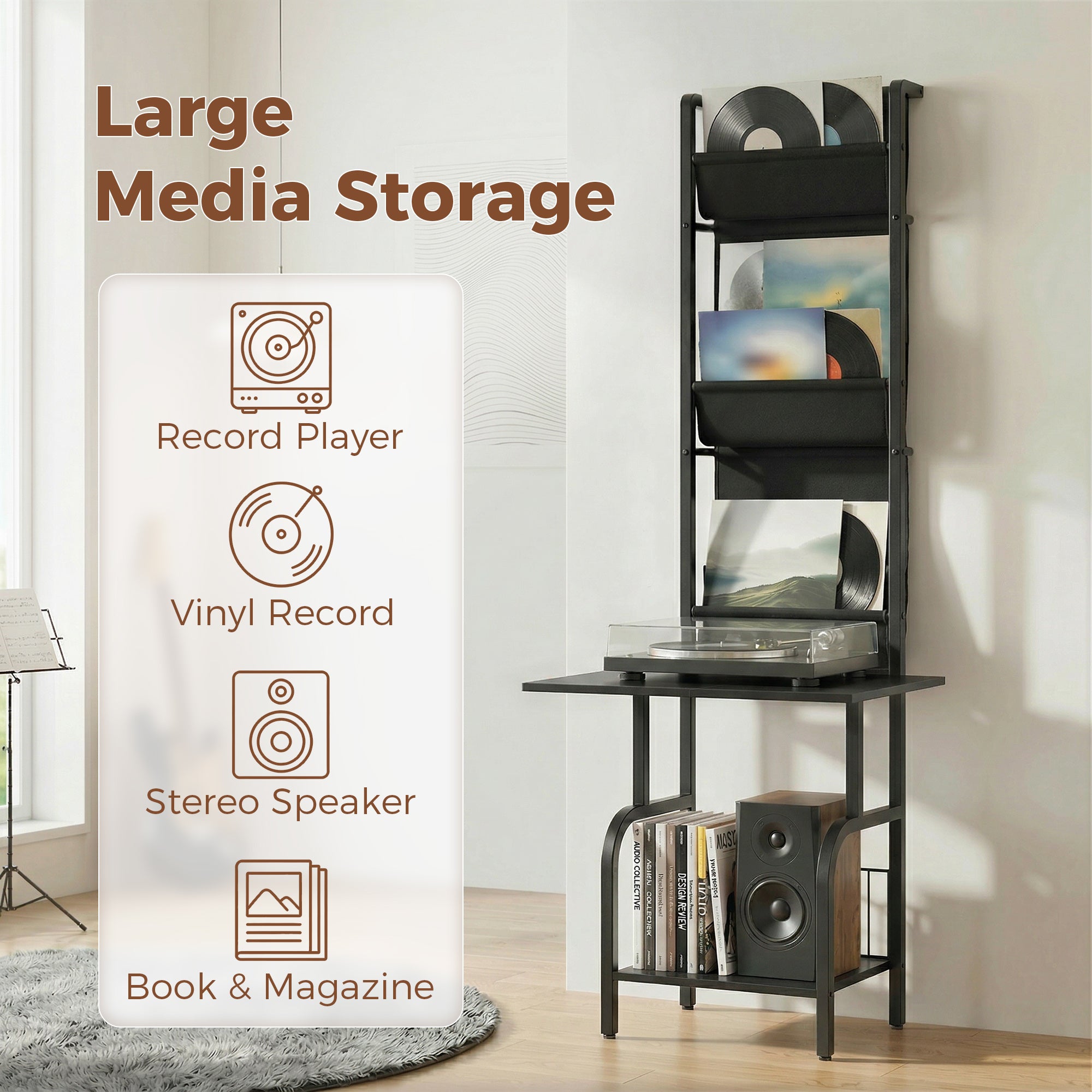 Vinyl Record Player Stand Record Storage with Player Stand Oxford Fabric Pockets Bottom Shelf, Black