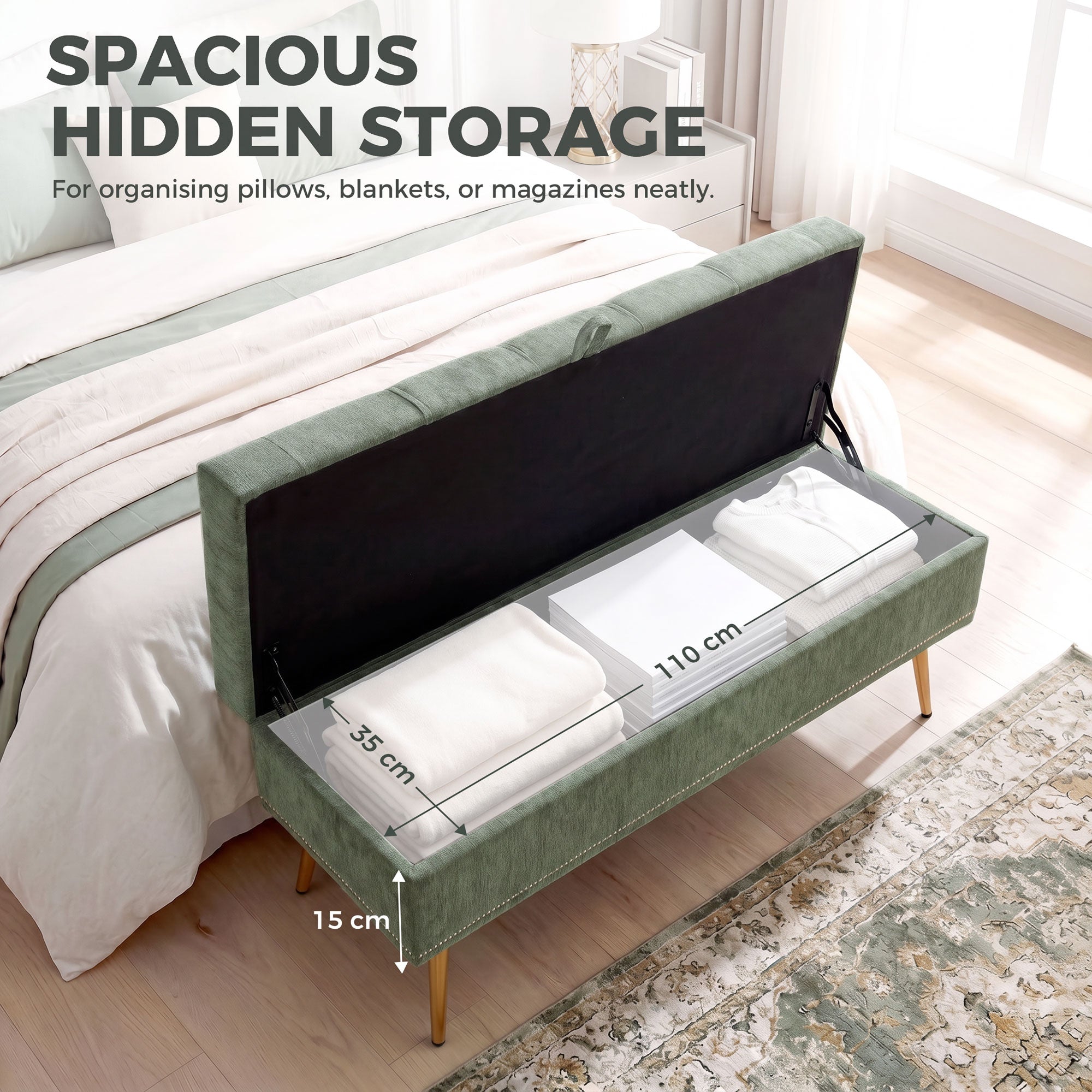 Storage Ottoman, Chenille Upholstered Ottoman Storage Box with Padded Seat, Metal Legs, 114 x 41 x 45 cm, Light Green