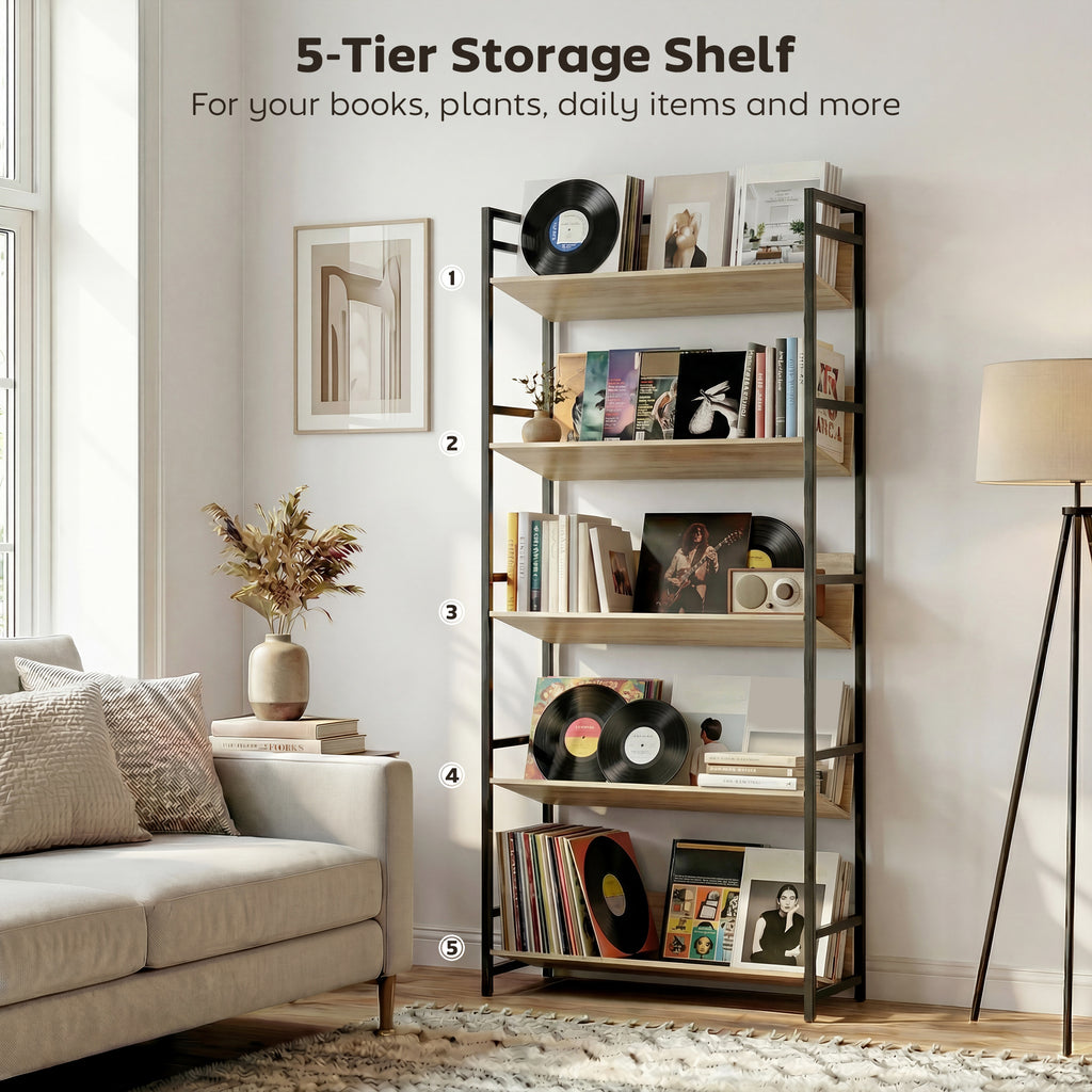 Bookshelf 5-Tier Metal Frame Bookcase Storage Shelves for Living Room Oak