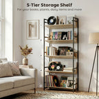 Bookshelf 5-Tier Metal Frame Bookcase Storage Shelves for Living Room Oak