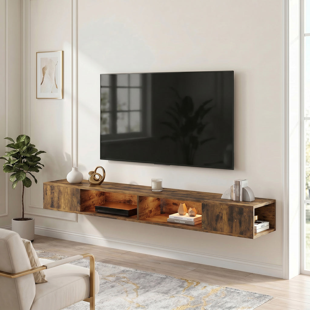 Wall Mounted TV Stand with RGB LED Lights, Floating Entertainment Centre for 75 Inch TV, Rustic Brown