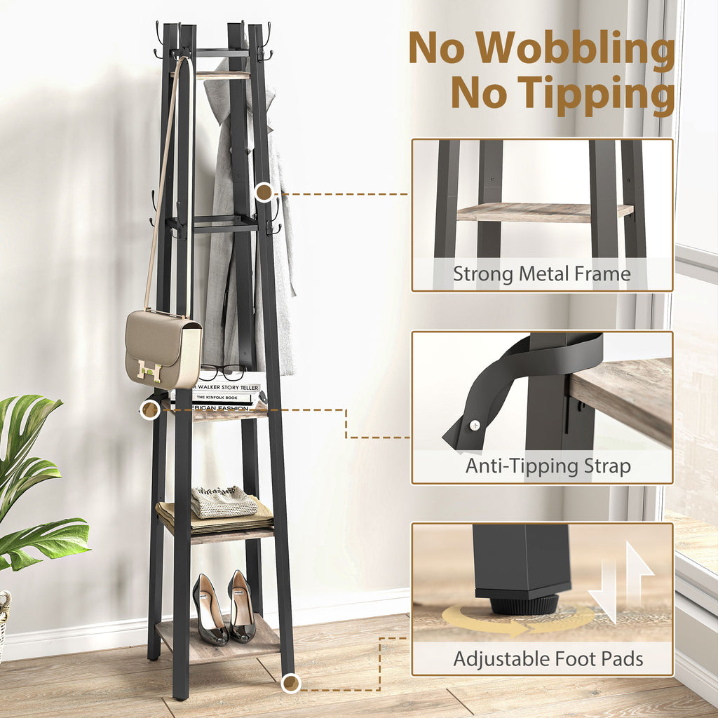 Industrial-Style Four Shelf Coat Stand - Grey/Black