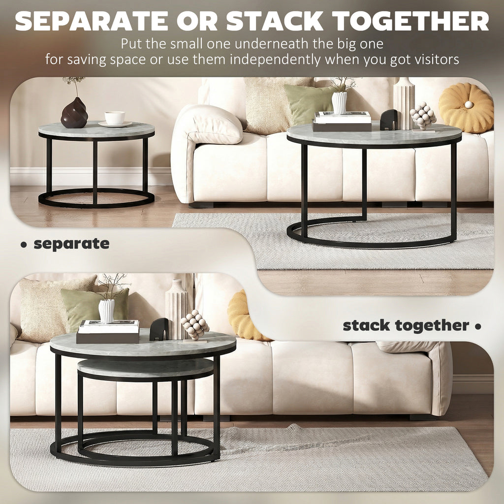 Set of Two Marble-Effect Stacking Tables - Grey
