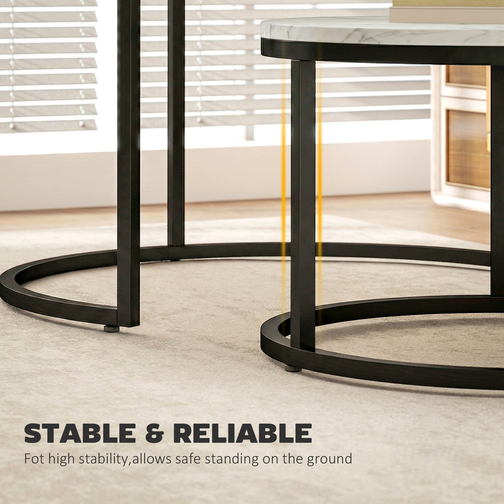 Set of Two Marble-Effect Stacking Tables - White