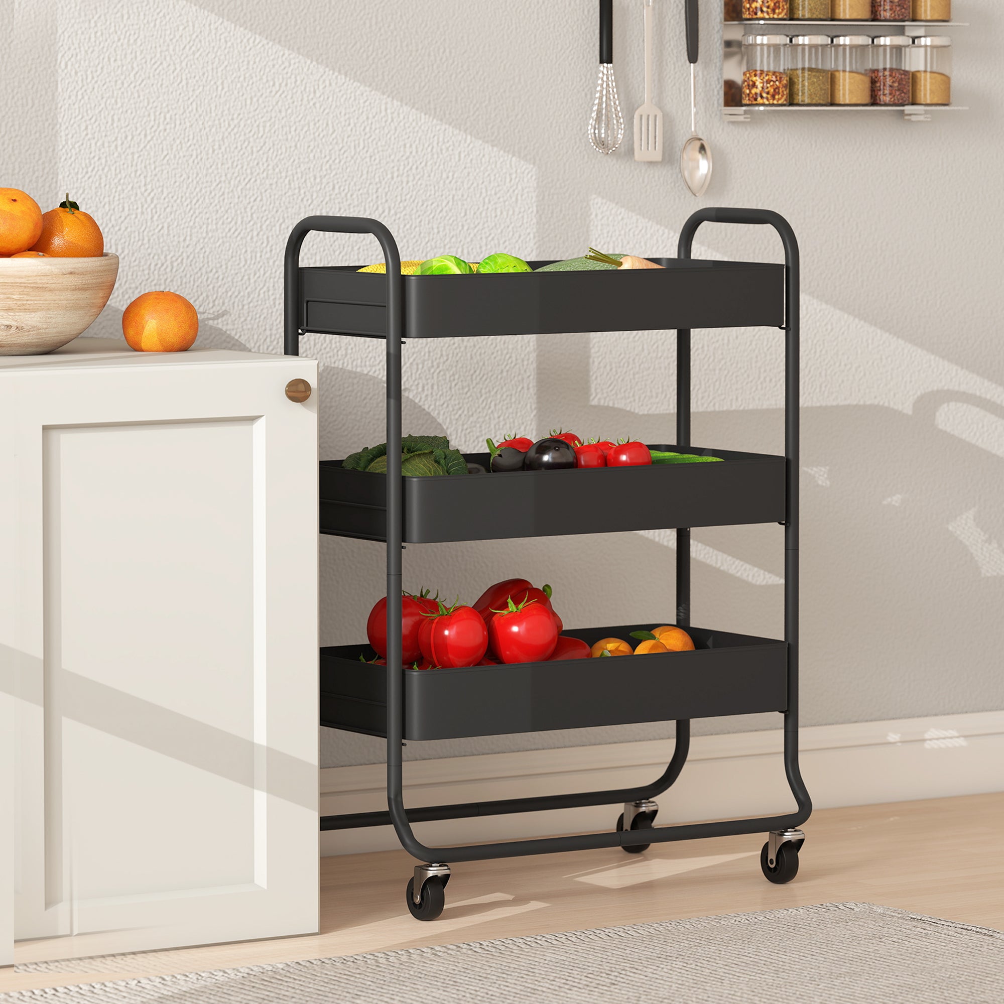 HOMCOM 3-Tier Storage Trolley on Wheels with Mesh Baskets - Black
