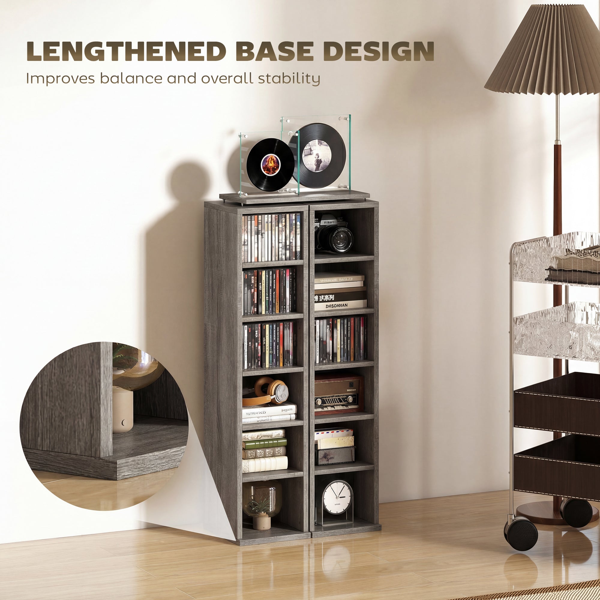 Set of 2 CD Media Display Shelf Unit Tower Rack with Adjustable Shelves, Distressed Grey