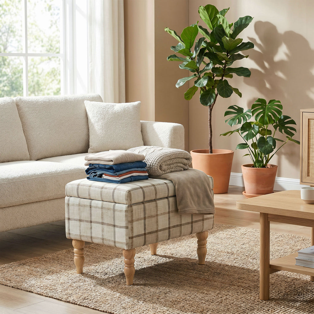 Linen Fabric Upholstered Footstool, Rectangular Storage Stool with Removable Top, Padded Seat and Hidden Space, Brown