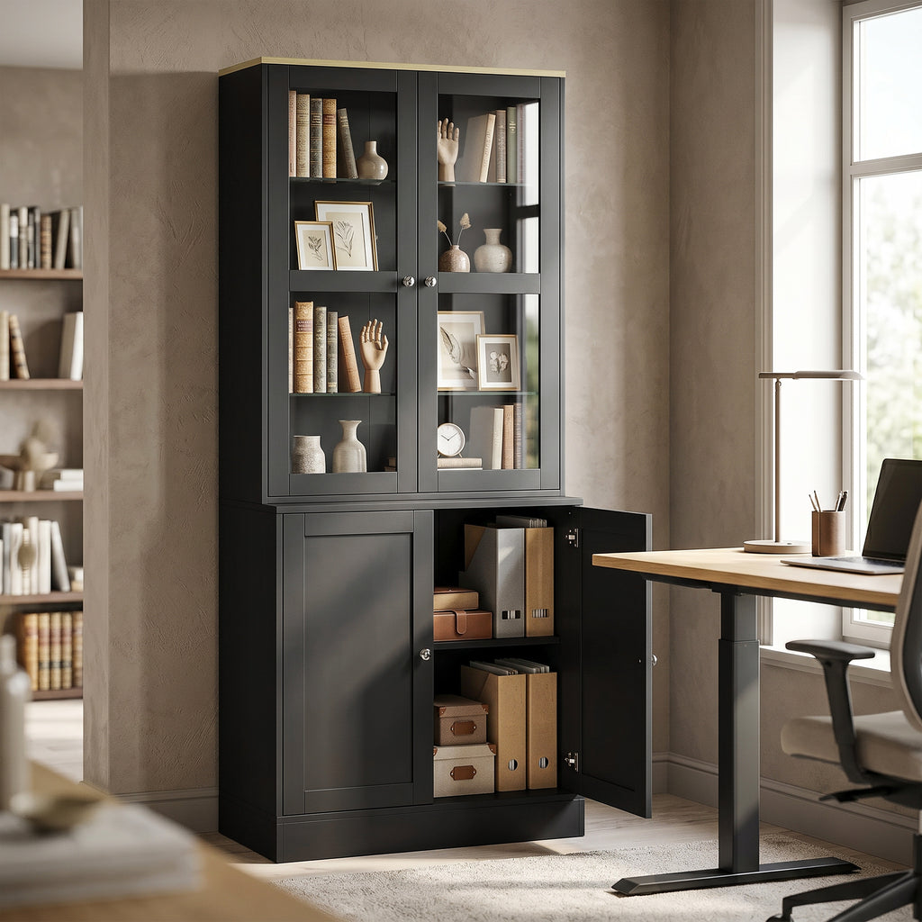 Modern Bookcase Display Storage Unit with Glass Doors Adjustable Shelves, Black