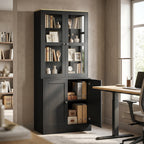 Modern Bookcase Display Storage Unit with Glass Doors Adjustable Shelves, Black